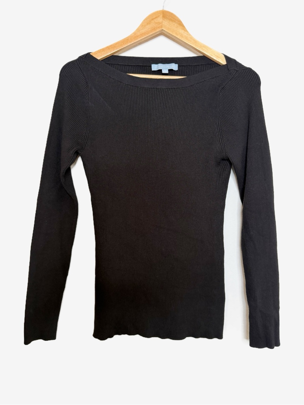 ANTONIO MELANI Black Ribbed Long-Sleeve Slight Scoop Neck Top Size Large